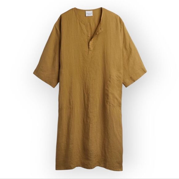 Parachute 100%Linen Flax Ochre Yellow Tan Midi Dress V-Neck Elbow-Length Sleeves - Picture 3 of 8